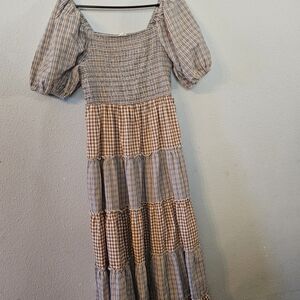 Easel Blue and Brown Checkered Maxi Dress